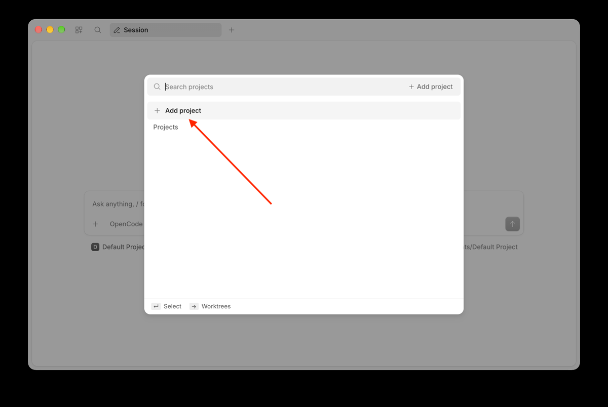 The OpenCode projects dialog with a search box and Add project highlighted.