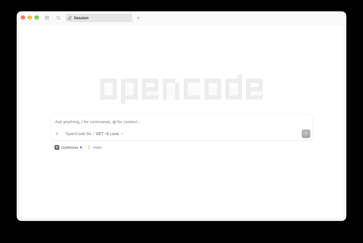 OpenCode with the rootmoss project loaded, the name shown in the status bar beside the git branch.