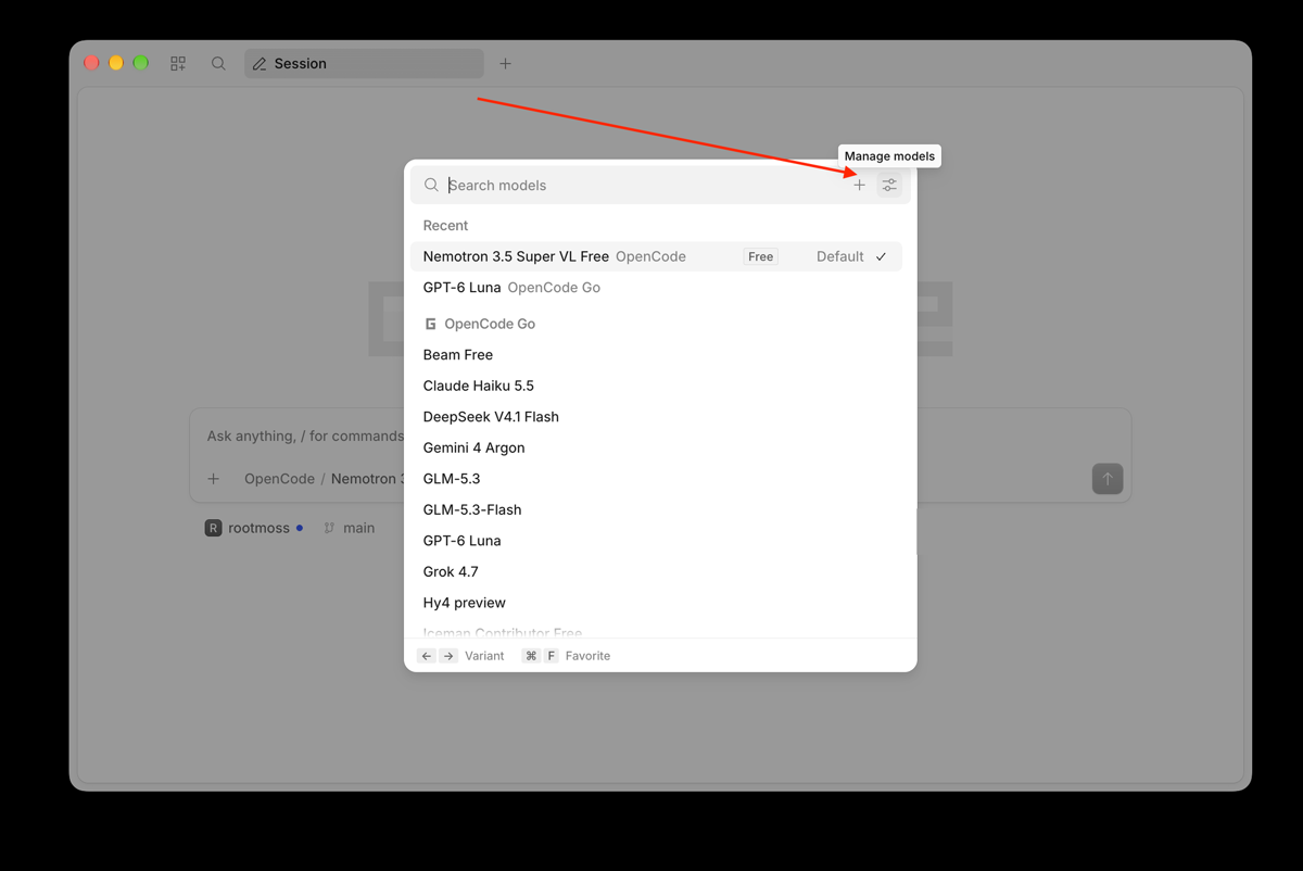 The model picker listing available models, with an arrow on the plus button shown as Manage models.
