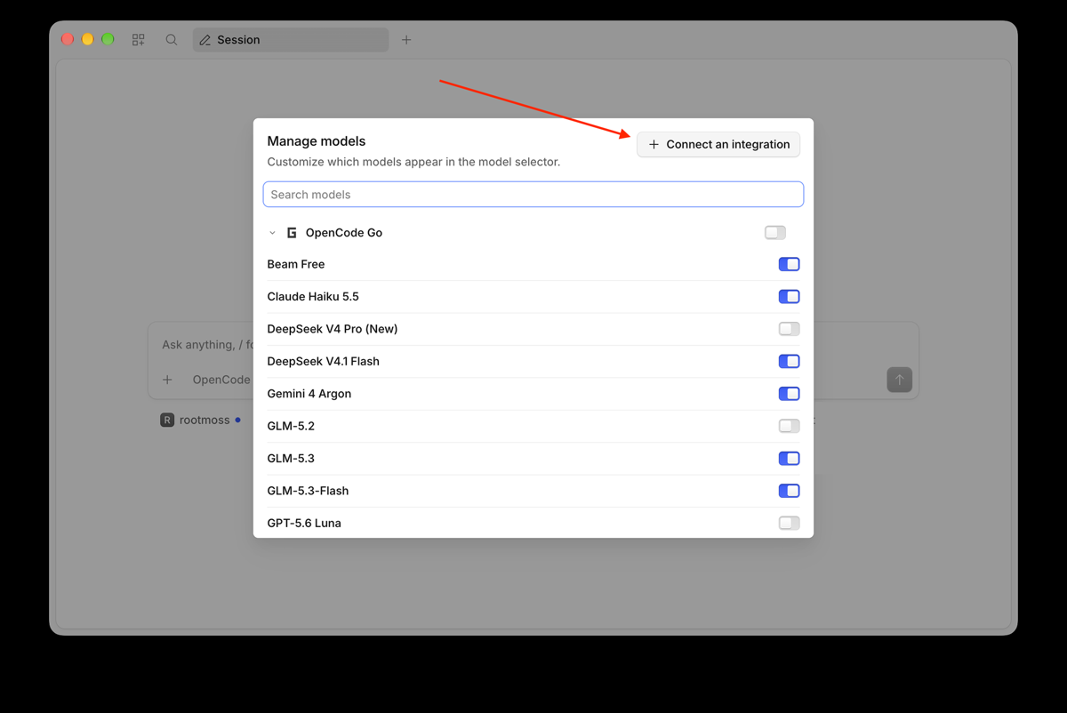 The Manage models dialog listing models with toggles, and a Connect an integration button highlighted.