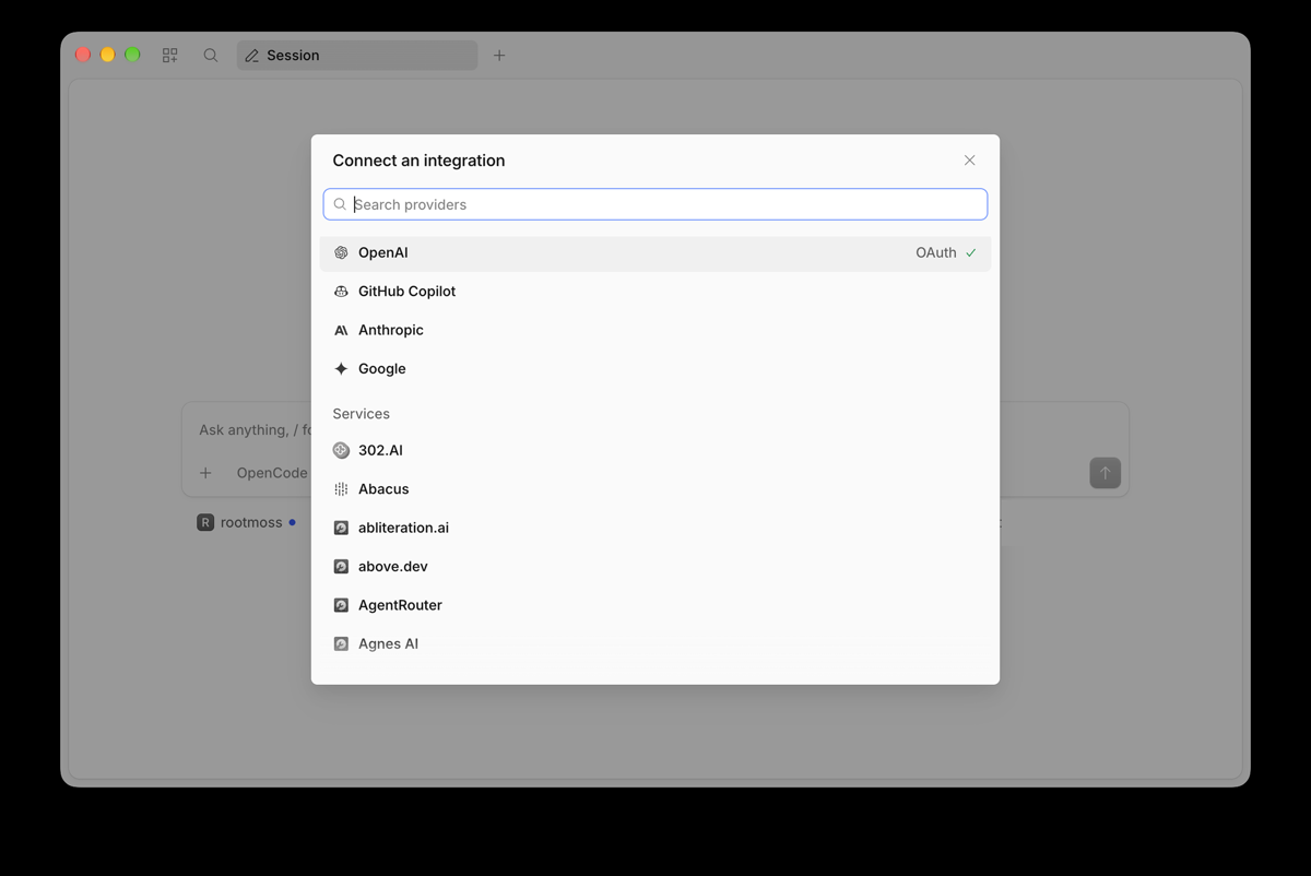 The provider list showing OpenAI, GitHub Copilot, Anthropic and Google, followed by further services.